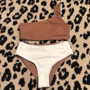 SHEIN Brown and White One-Shoulder Bikini